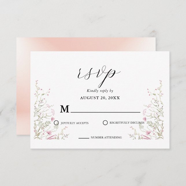 Elegant Pink Wild Floral Wedding  RSVP Card (Front/Back)