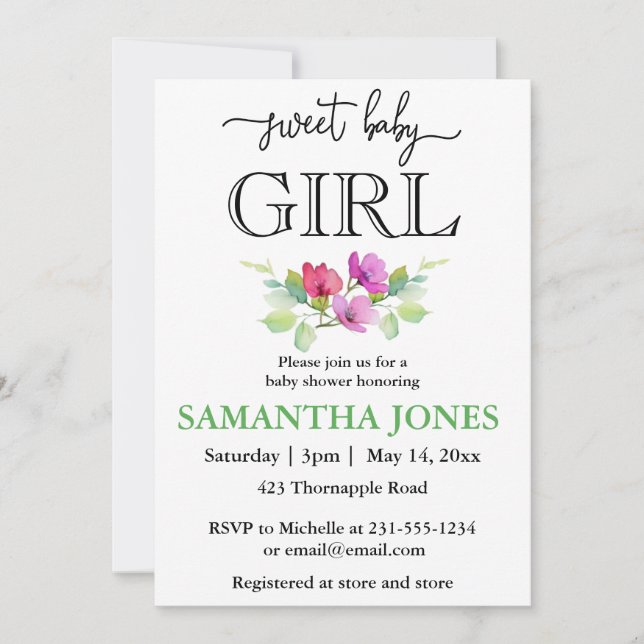 Elegant pink wild flower baby girl baby  invitation (Front)