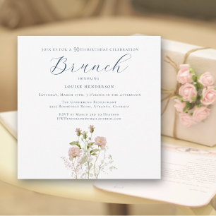 Elegant Pink Wildflower 90th Birthday Brunch Invitation