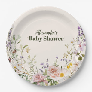 Elegant Pink Wildflower Boho Baby Shower Paper Plate