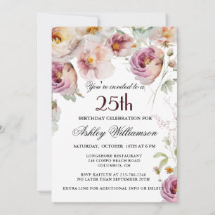 Elegant Pink Wildflower Floral 25th Birthday Party Invitation