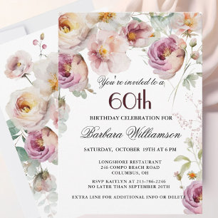 Elegant Pink Wildflower Floral 60th Birthday Party Holiday Card