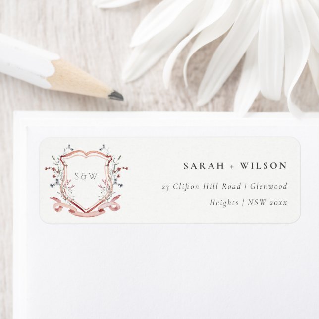 Elegant Pink Wildflower Monogram Crest Address Return Address Label (Insitu)