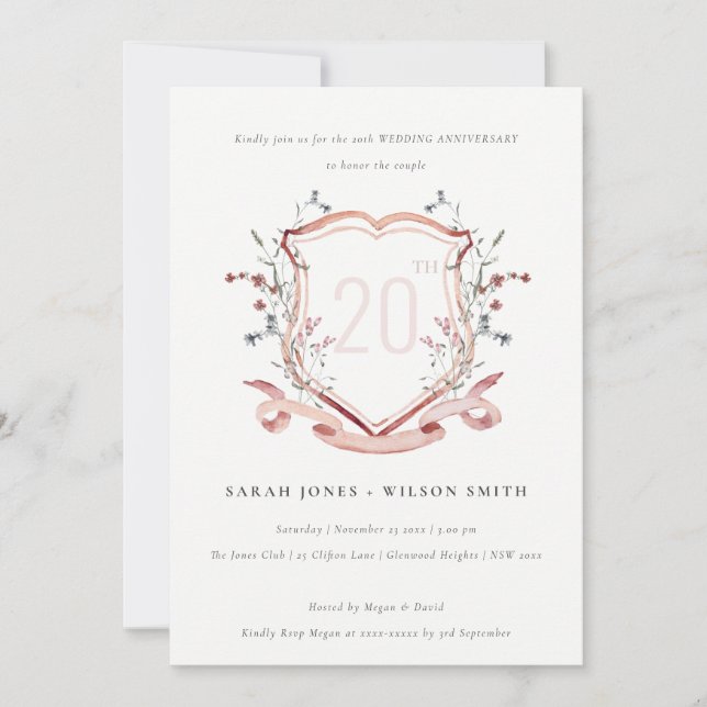 Elegant Pink Wildflower Monogram Crest Anniversary Invitation (Front)
