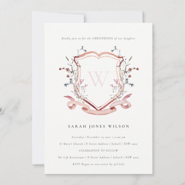 Elegant Pink Wildflower Monogram Crest Christening Invitation (Front)