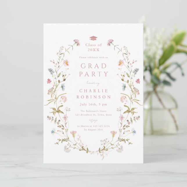 Elegant Pink Wildflower Rustic Boho Graduation Invitation (Standing Front)