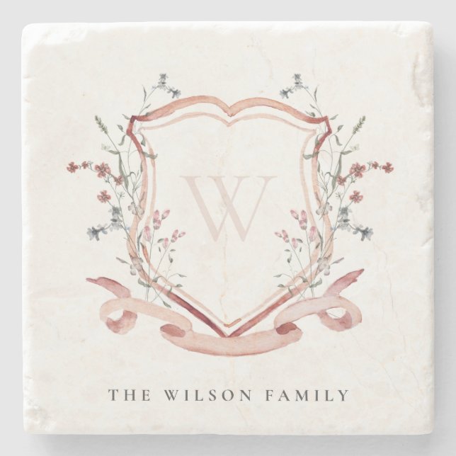 Elegant Pink Wildflower Watercolor Crest Monogram Stone Coaster (Front)