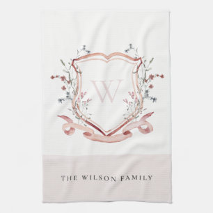 Elegant Pink Wildflower Watercolor Crest Monogram  Tea Towel