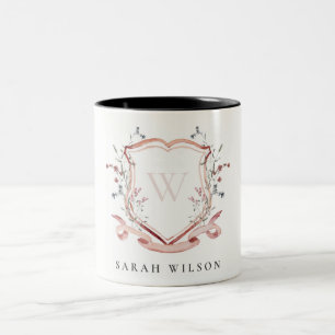 Elegant Pink Wildflower Watercolor Crest Monogram Two-Tone Coffee Mug
