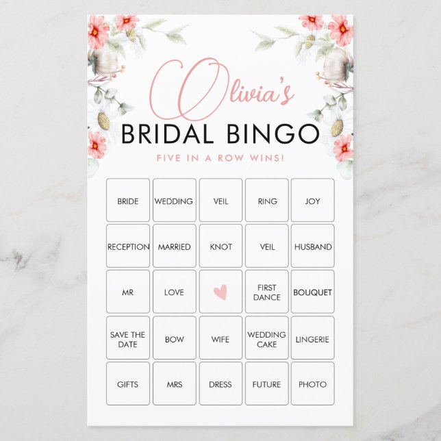 Elegant Pink Wildflowers Bingo Game Card (Front)
