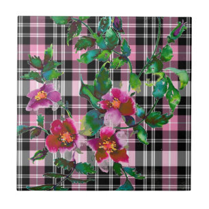 Elegant pink wildflowers pink black plaid ceramic tile
