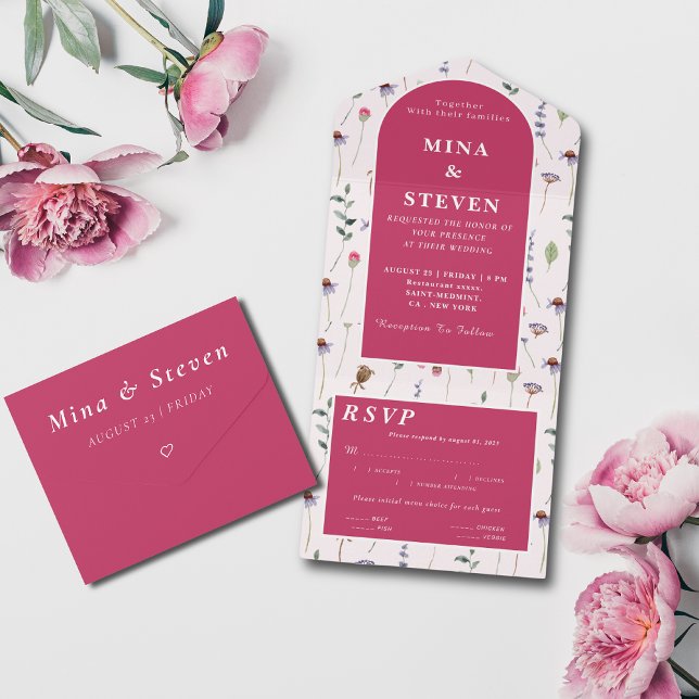 Elegant Pink wildflowers wedding  All In One Invitation (Creator Uploaded)