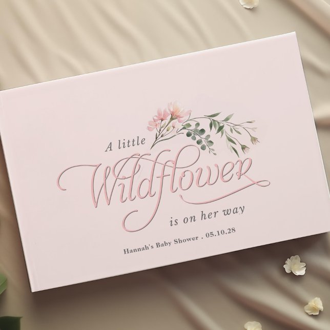 Elegant pink wildlfower, simple baby girl shower  guest book (Simple pink calligraphy, little wildflower themed baby girl shower guest book.)