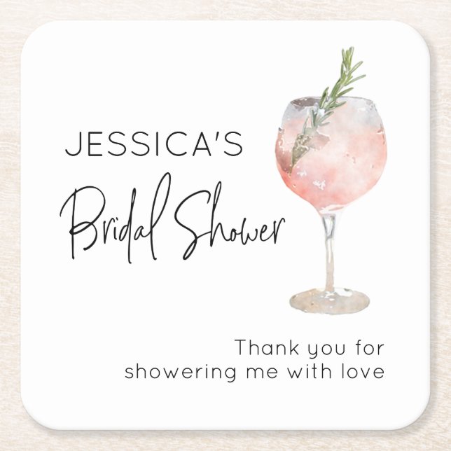 Elegant Pink Wine Cocktail Bridal Shower Square Paper Coaster (Front)