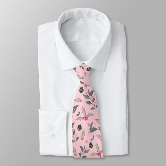 Elegant Pink Winter floral Watercolor Christmas Tie (Tied)