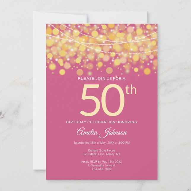 Elegant Pink with Gold String Lights 50th birthday Invitation (Front)