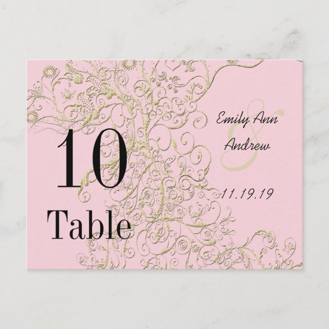 Elegant Pink with Gold Swirls Table Numbers Postcard (Front)
