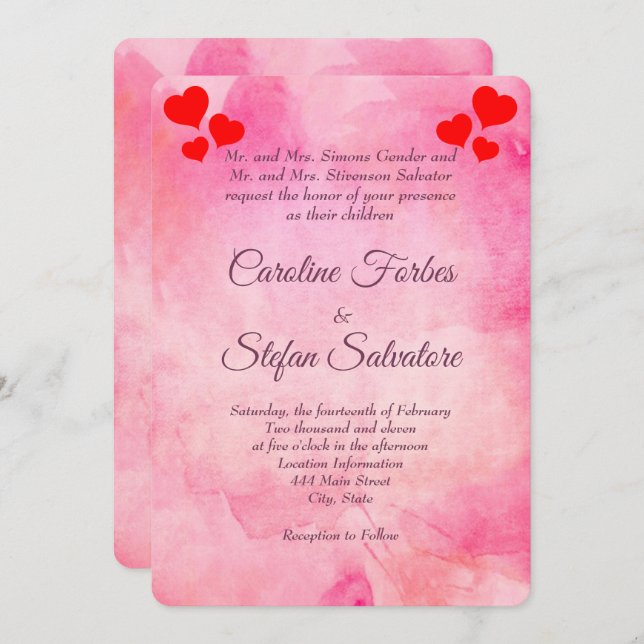 Elegant Pink With Red Hearts Valentine's Wedding  Invitation (Front/Back)