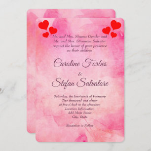 Elegant Pink With Red Hearts Valentine's Wedding  Invitation