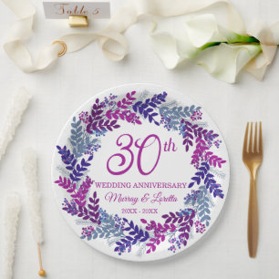 Elegant Pink Wreath 30th Anniversary Party Paper Plate