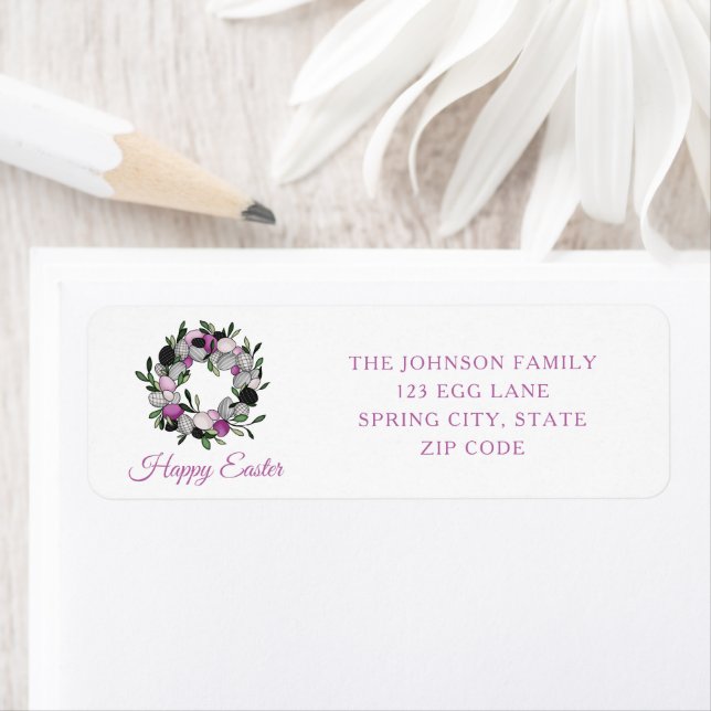 Elegant Pink Wreath Happy Easter Return Address Label (Insitu)