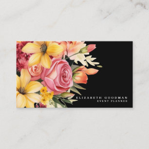 Elegant Pink Yellow Floral Black Business Cards