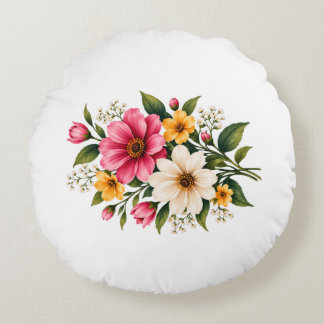 Elegant Pink & Yellow Floral Bouquet Botanical 💐  Round Cushion