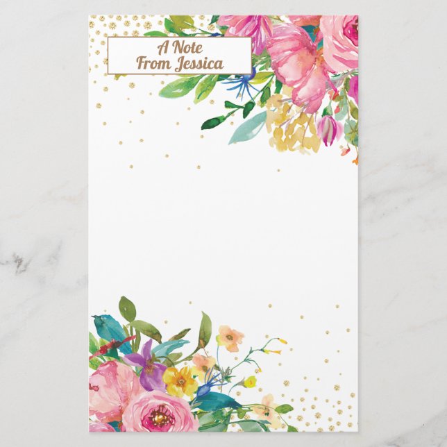 Elegant Pink Yellow Floral Gold Glitter Stationery (Front)