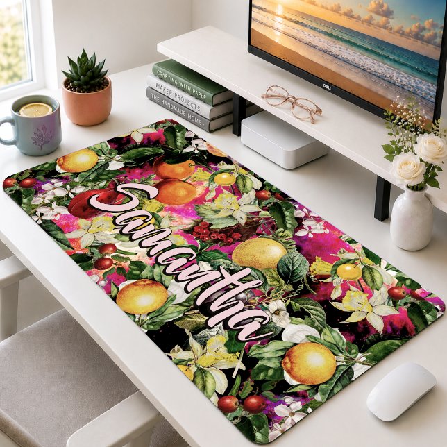 Elegant Pink Yellow Orange Modern Fruit Pattern Desk Mat (Creator Uploaded)