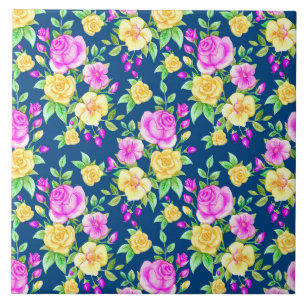 Elegant Pink Yellow Rose Floral Pattern Ceramic Tile