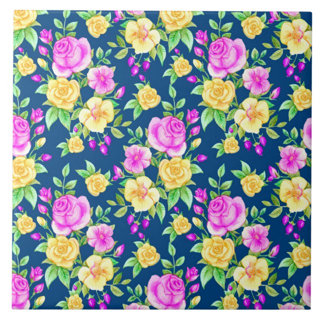 Elegant Pink Yellow Rose Floral Pattern Ceramic Tile (Front)