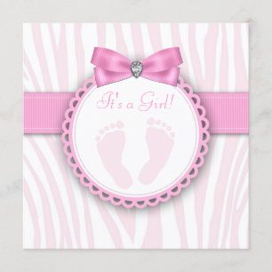 Elegant Pink Zebra Pink Footprint Baby Shower Invitation