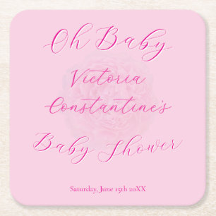 Elegant Pinks Oh Baby Script Peony Baby Shower Square Paper Coaster