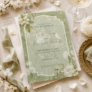 Elegant Pistachio Green Floral Bird Garden Wedding Invitation