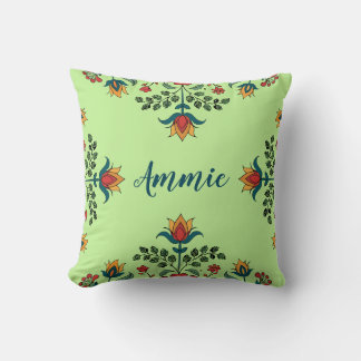 Elegant Pistachio Green Floral Custom Name  Cushion