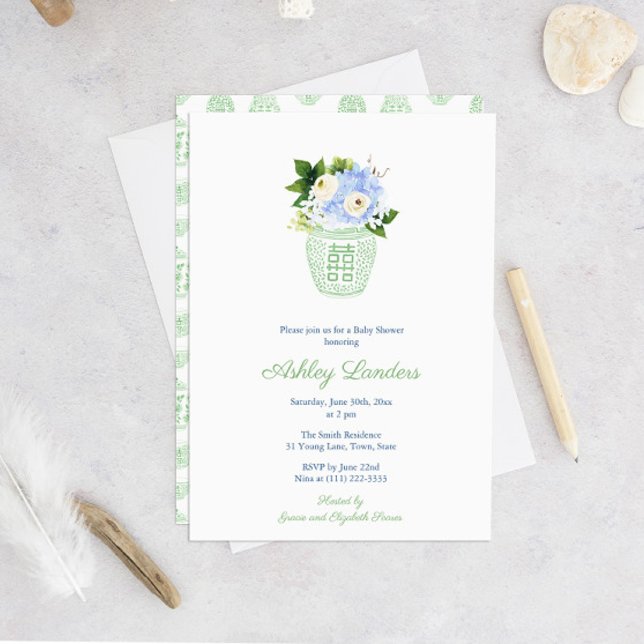 Elegant Pistachio White Gender Neutral Baby Shower Invitation (Gender Neutral Green And White Watercolor Floral Baby Shower Invitation)