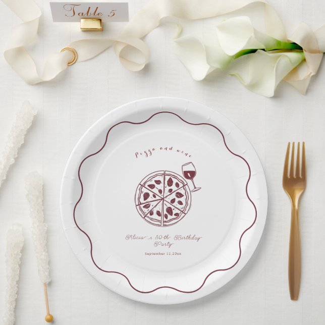 Elegant Pizza and wine birthday  Paper Plate (Wedding)