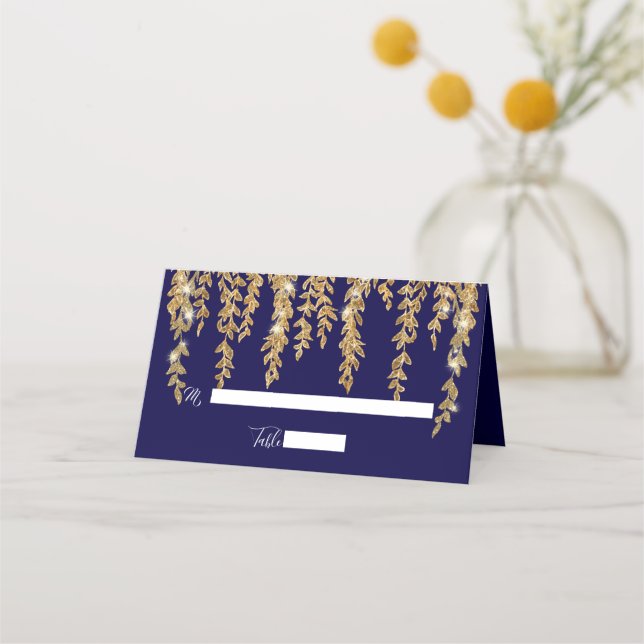 Elegant Place Card Twinkle Lights Gold Willow Leaf (Front)