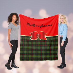 Elegant Plaid and Bow with Name Christmas Fleece Blanket