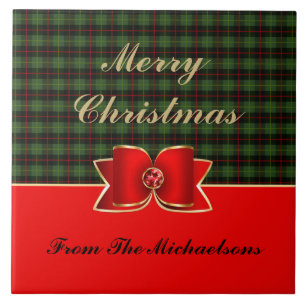 Elegant Plaid and Jewelled Bow with Name Ceramic Tile