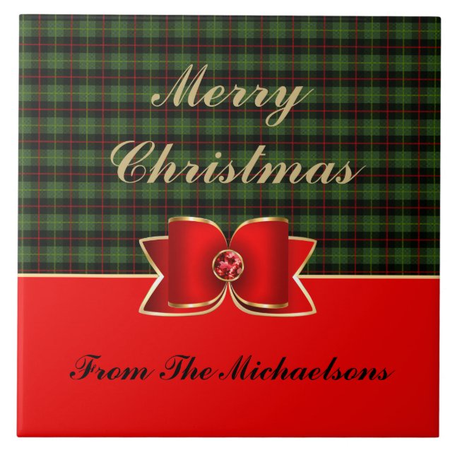 Elegant Plaid and Jewelled Bow with Name Ceramic Tile (Front)