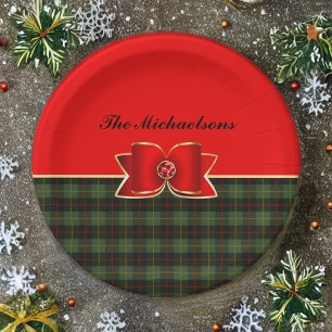Elegant Plaid and Jewelled Bow with Name Paper Plate