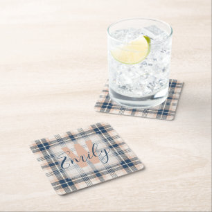 Elegant Plaid Blue Cream Monogram Square Paper Coaster