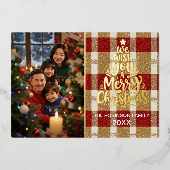 Elegant Plaid Christmas Photo Card with Gold Foil  (Front)