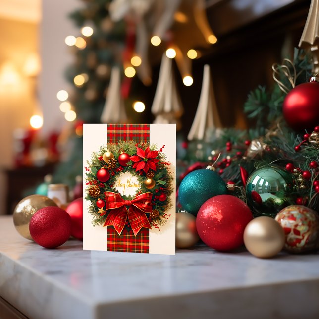 Elegant Plaid Christmas Wreath Holiday Post Card  (Classic Plaid Holiday Wreath Christmas Postcard)