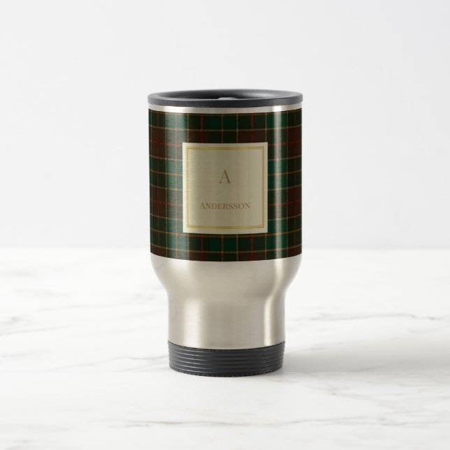 Elegant Plaid Pattern Monogram Travel Mug (Center)