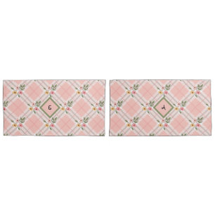 Elegant Plaid Petals Monogram Pillowcase