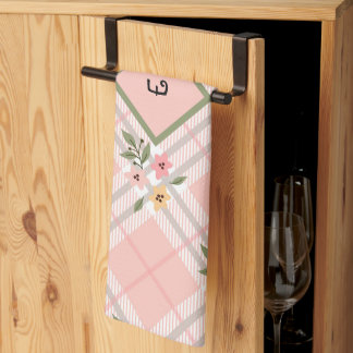 Elegant Plaid Petals Monogram Tea Towel