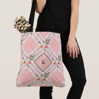 Elegant Plaid Petals Monogram Tote Bag