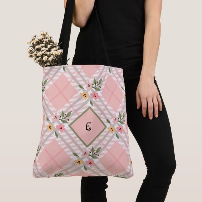 Elegant Plaid Petals Monogram Tote Bag (Close Up)